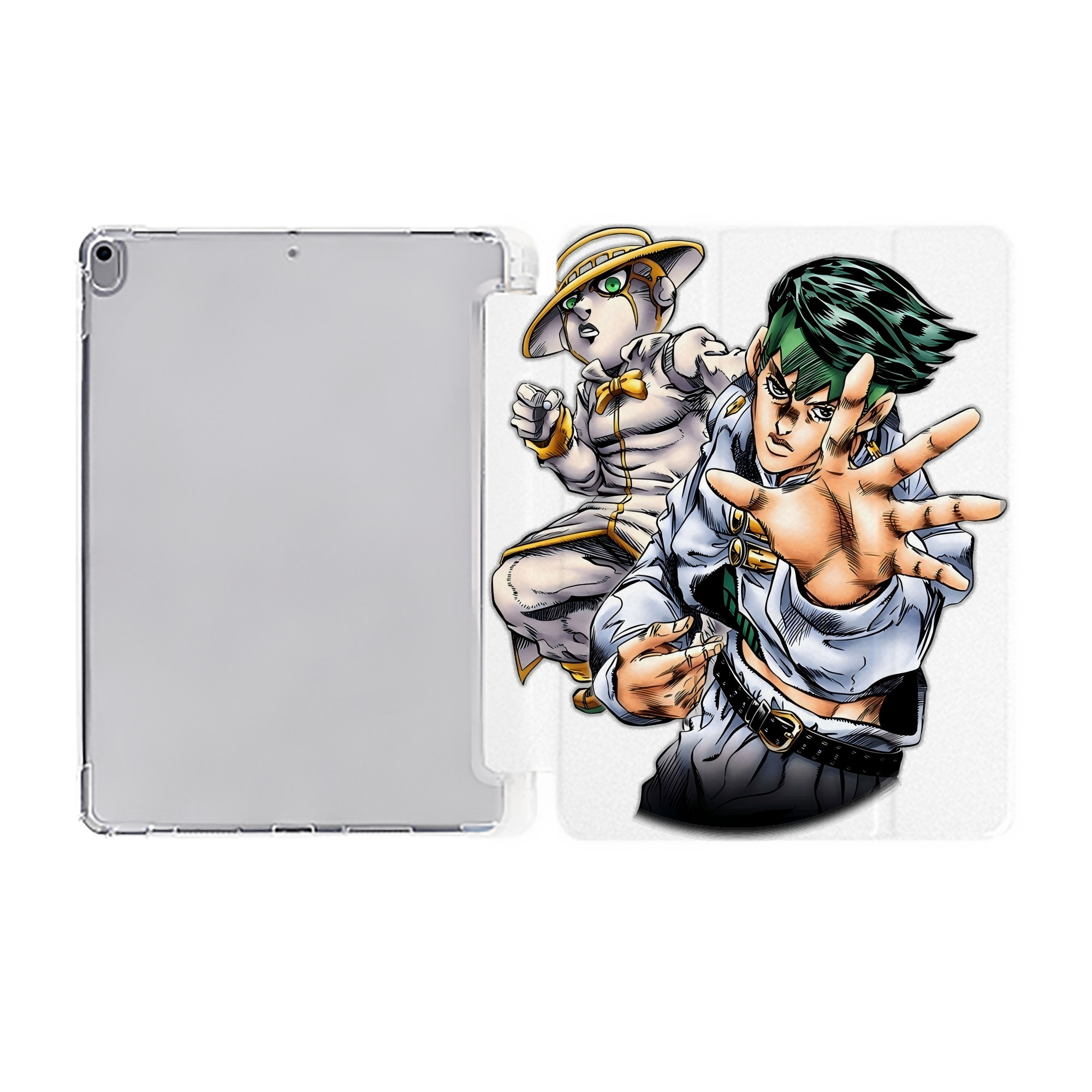（画像用） ジョジョの奇妙な冒険 岸辺 露伴（きしべ ろはん） JoJo's Bizarre Adventure Rohan Kishibe IPad ケース ペン収納付き 三つ折りスタンド PUレザー×シリコン 対応機種9.5/10.5/10.9インチ